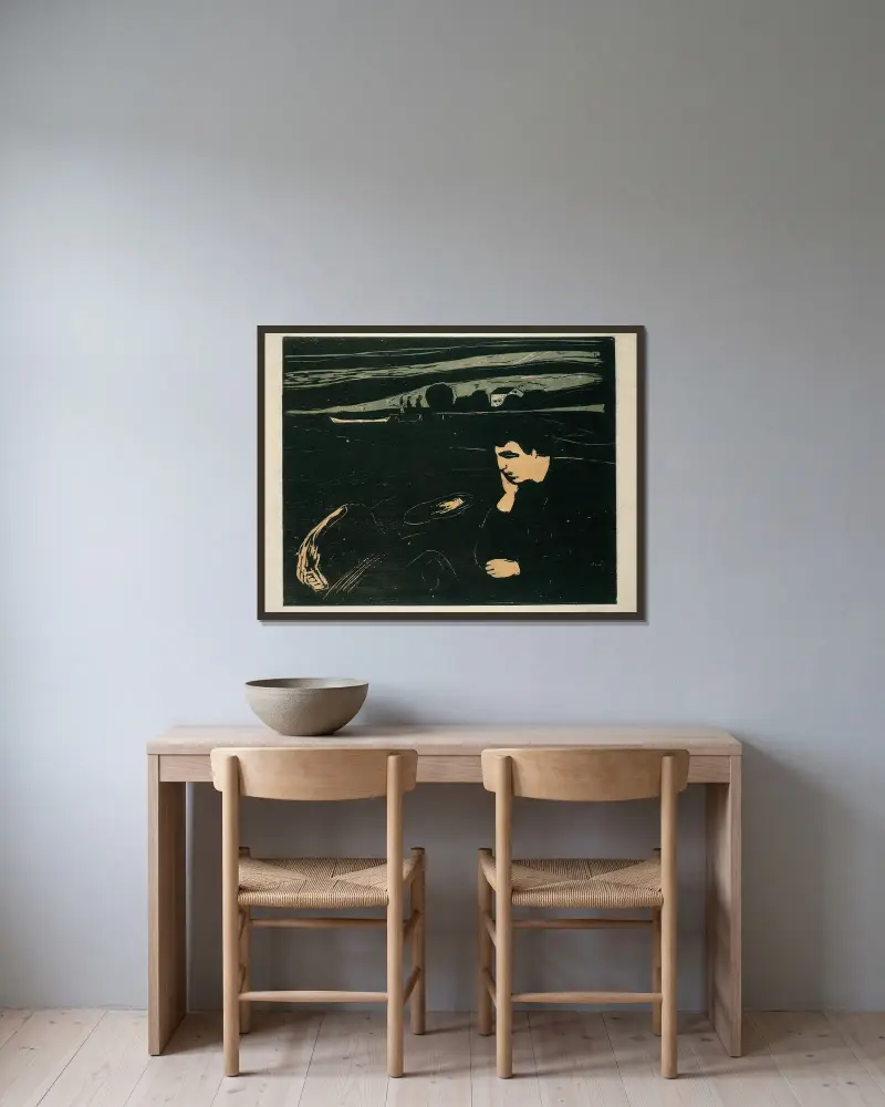 Melancholy III av Edvard Munch inramad på en vägg