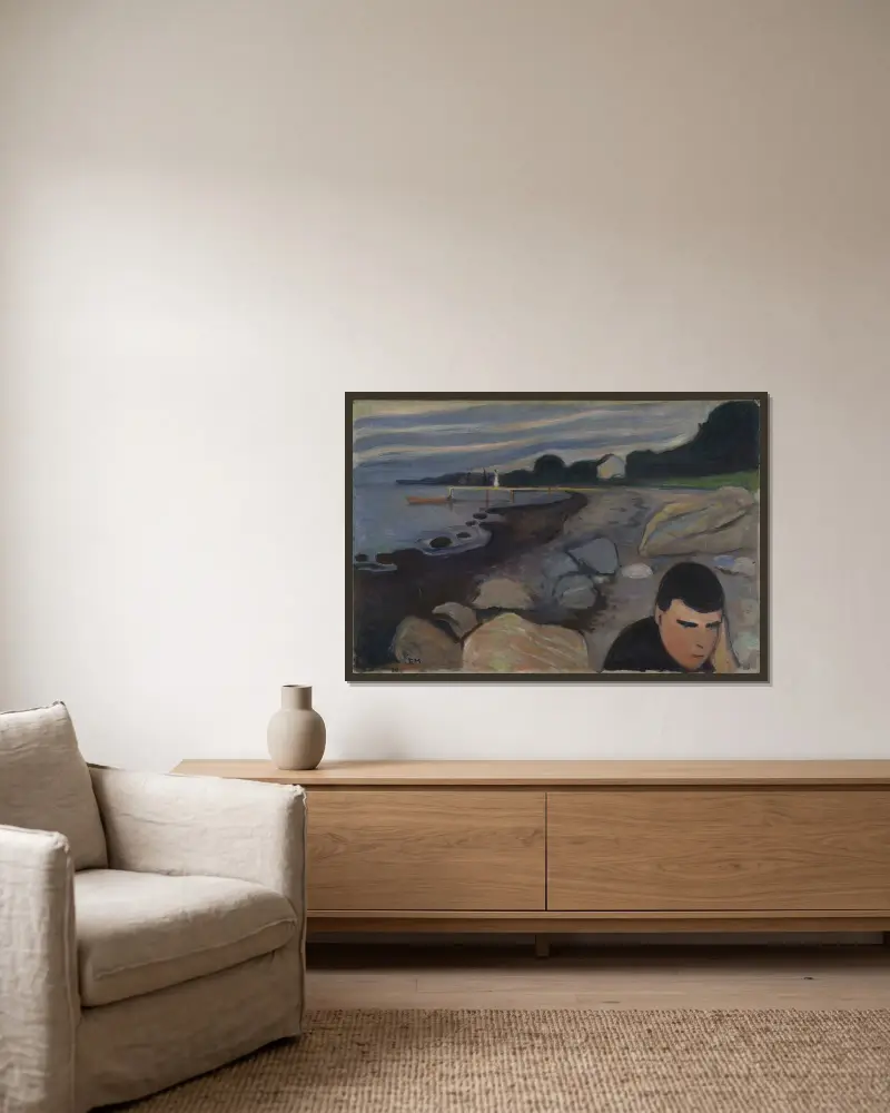 Melancholy av Edvard Munch inramad på en vägg