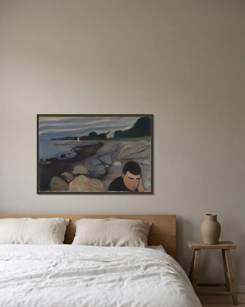 Melancholy av Edvard Munch inramad på en vägg