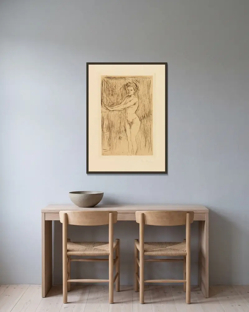 Modell, seine Hände wärmend av Edvard Munch inramad på en vägg