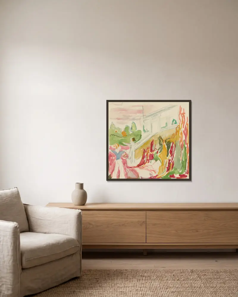 Møte ved veranda av Edvard Munch inramad på en vägg