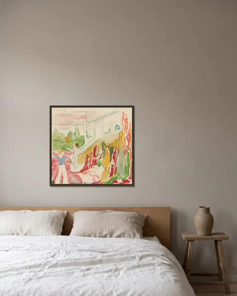 Møte ved veranda av Edvard Munch inramad på en vägg