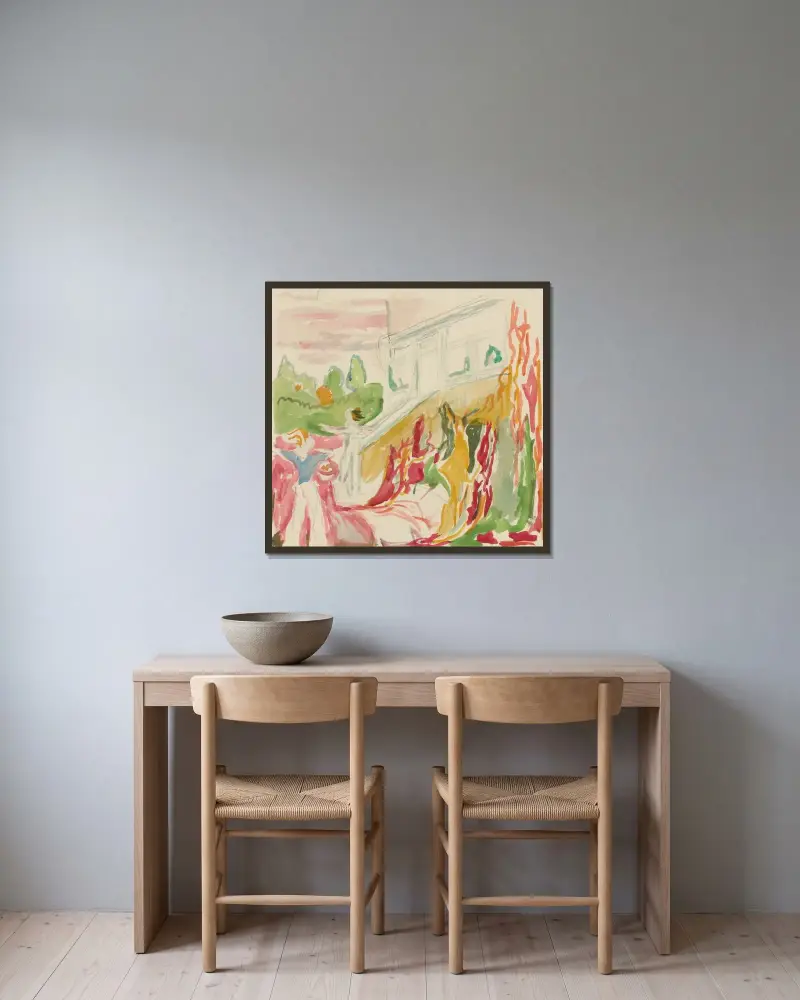 Møte ved veranda av Edvard Munch inramad på en vägg