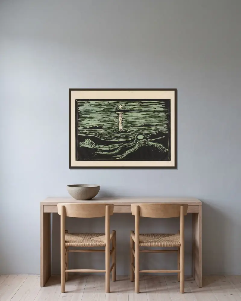 Mystical Shore av Edvard Munch inramad på en vägg