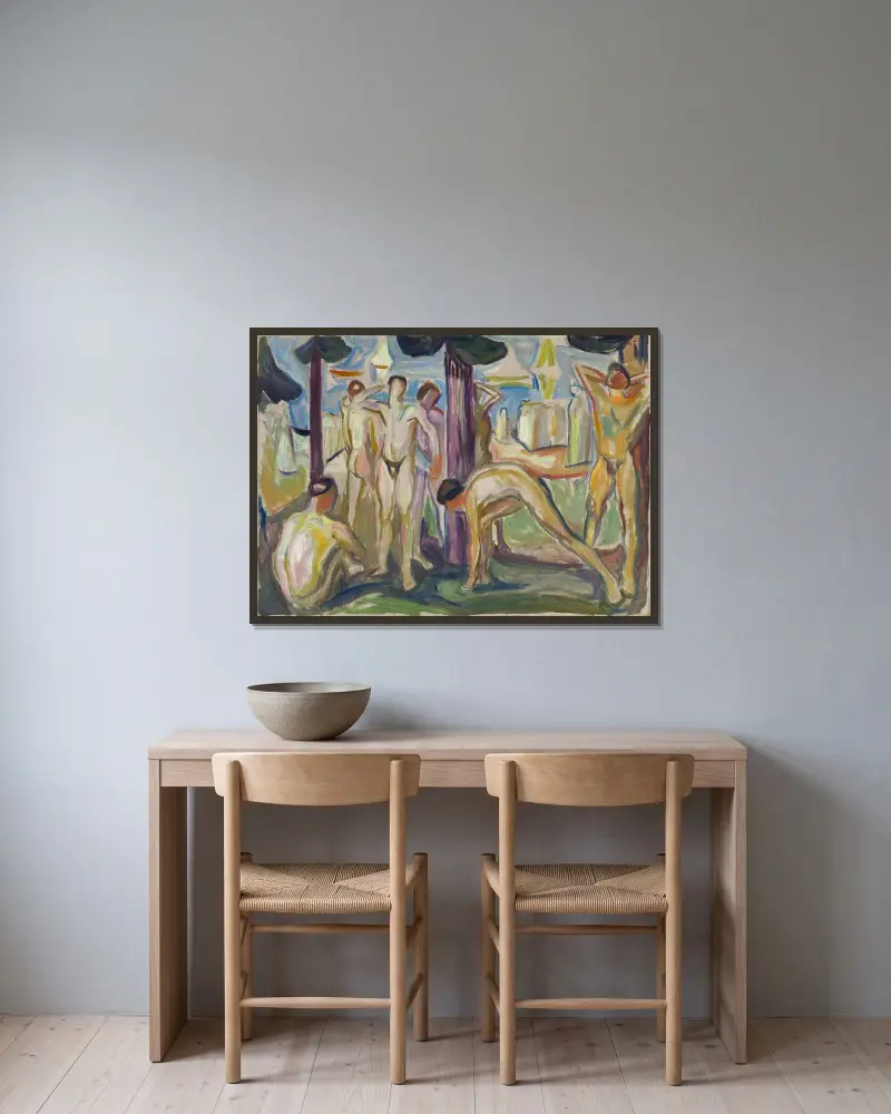 Naked Men in Landscape av Edvard Munch inramad på en vägg