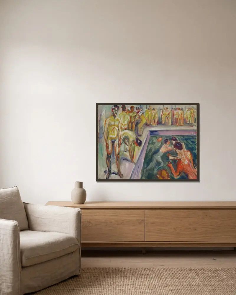 Nackte Männer im Schwimmbecken von Edvard Munch gerahmt an einer Wand