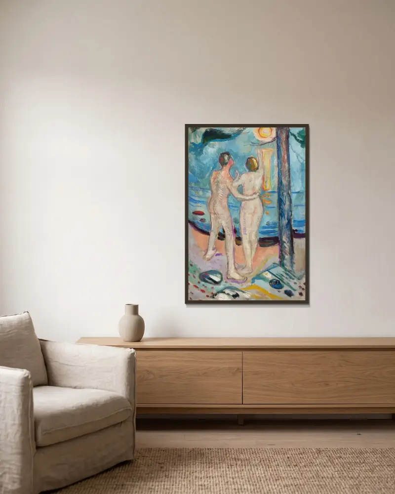 Nacktes Paar am Strand von Edvard Munch gerahmt an einer Wand