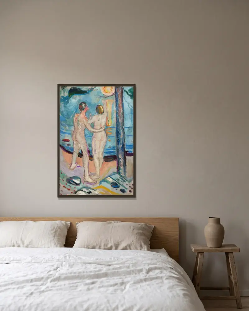 Nacktes Paar am Strand von Edvard Munch gerahmt an einer Wand