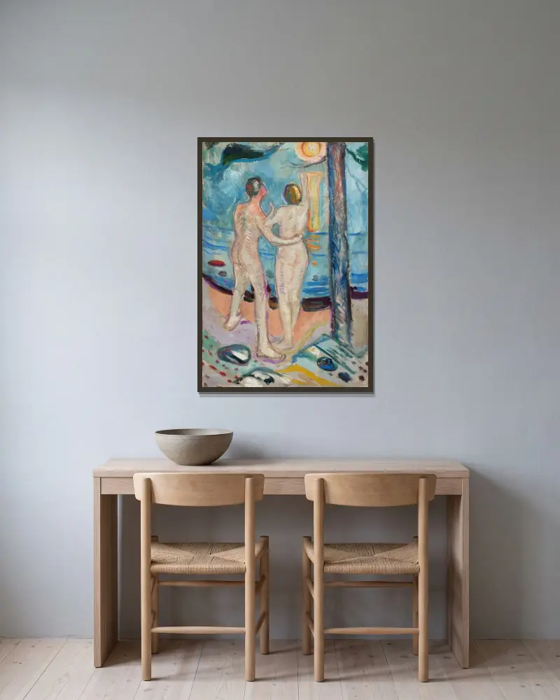 Nacktes Paar am Strand von Edvard Munch gerahmt an einer Wand