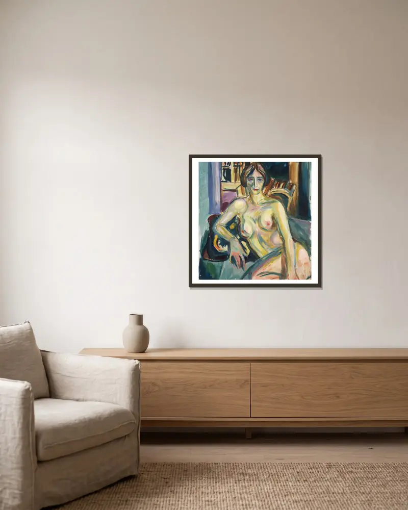 Akt, sitzend auf dem Sofa von Edvard Munch gerahmt an einer Wand