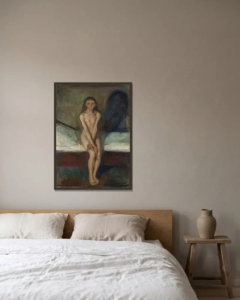 Puberty, 1894 av Edvard Munch inramad på en vägg