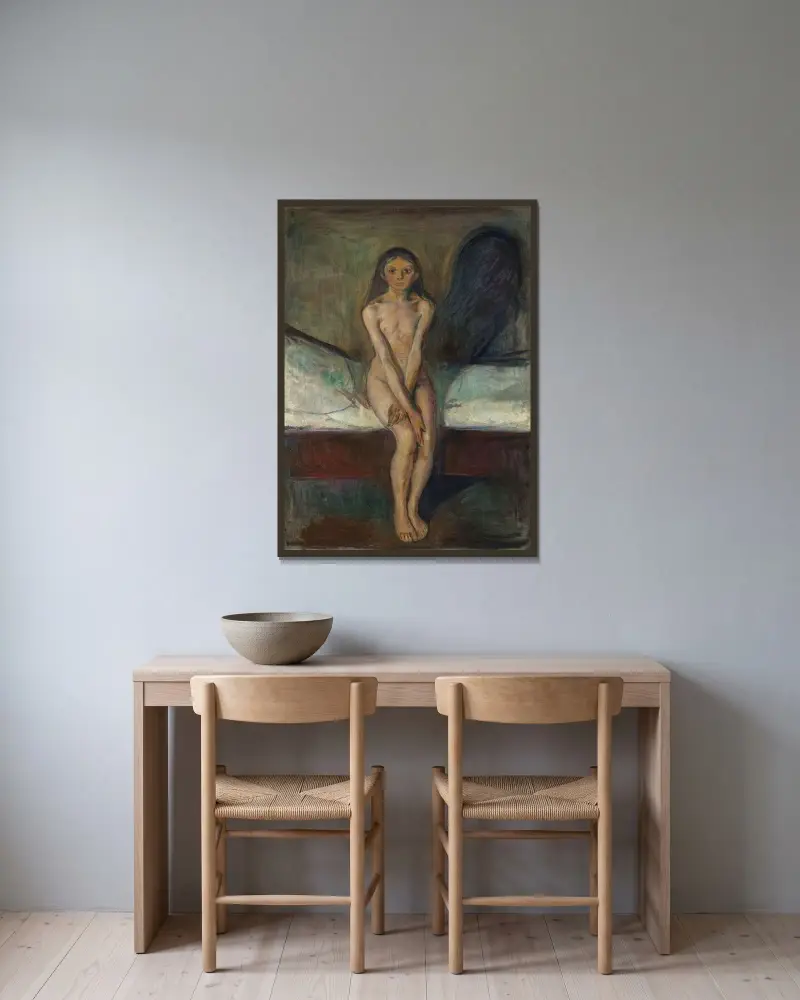 Puberty, 1894 av Edvard Munch inramad på en vägg