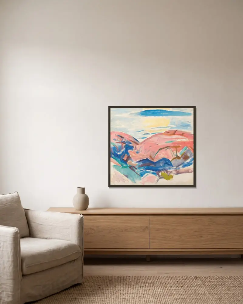 Red Rocks av Edvard Munch inramad på en vägg