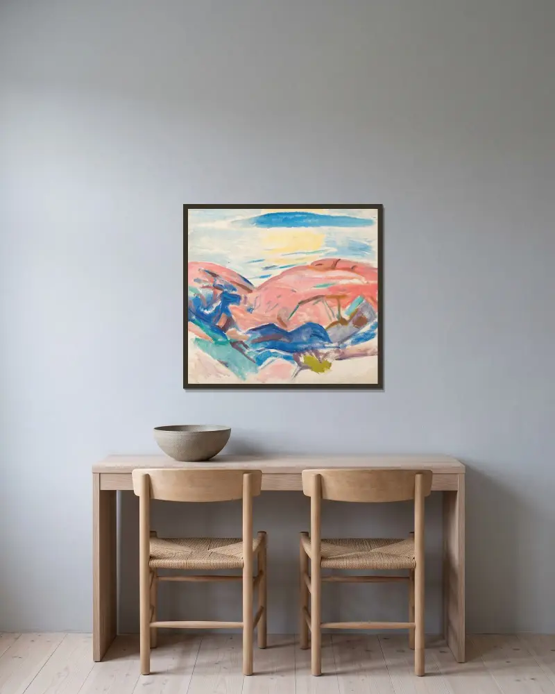 Red Rocks av Edvard Munch inramad på en vägg