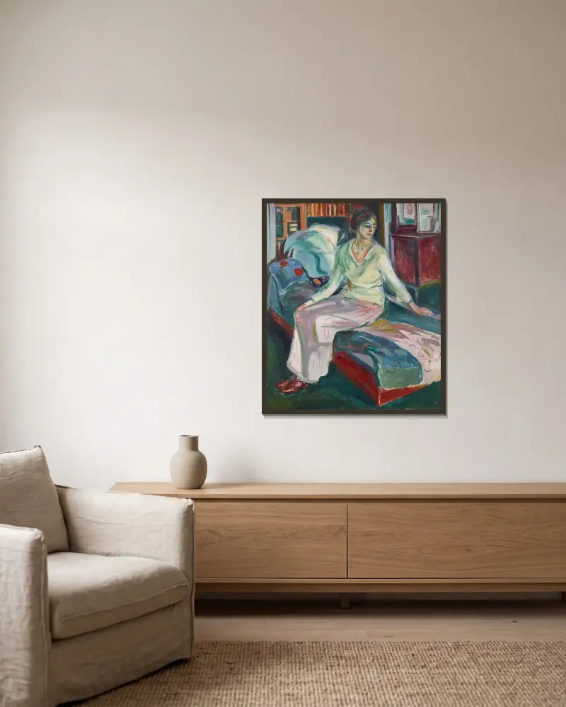 Sitzendes Modell auf dem Sofa von Edvard Munch gerahmt an einer Wand