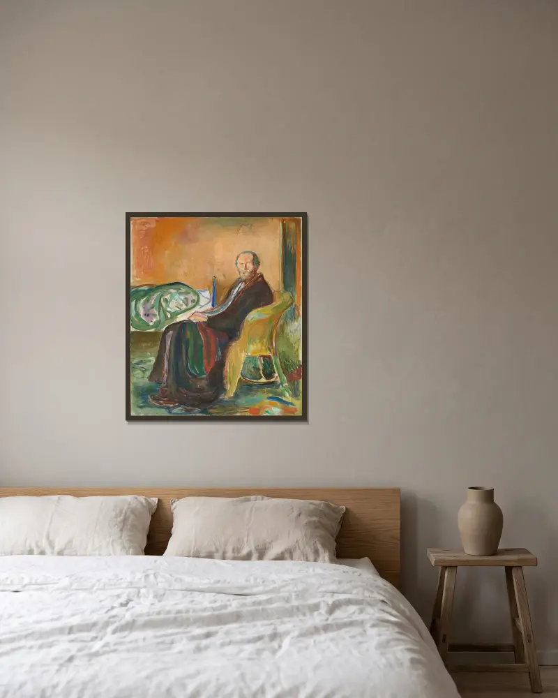 Selbstbildnis mit der Spanischen Grippe von Edvard Munch gerahmt an einer Wand