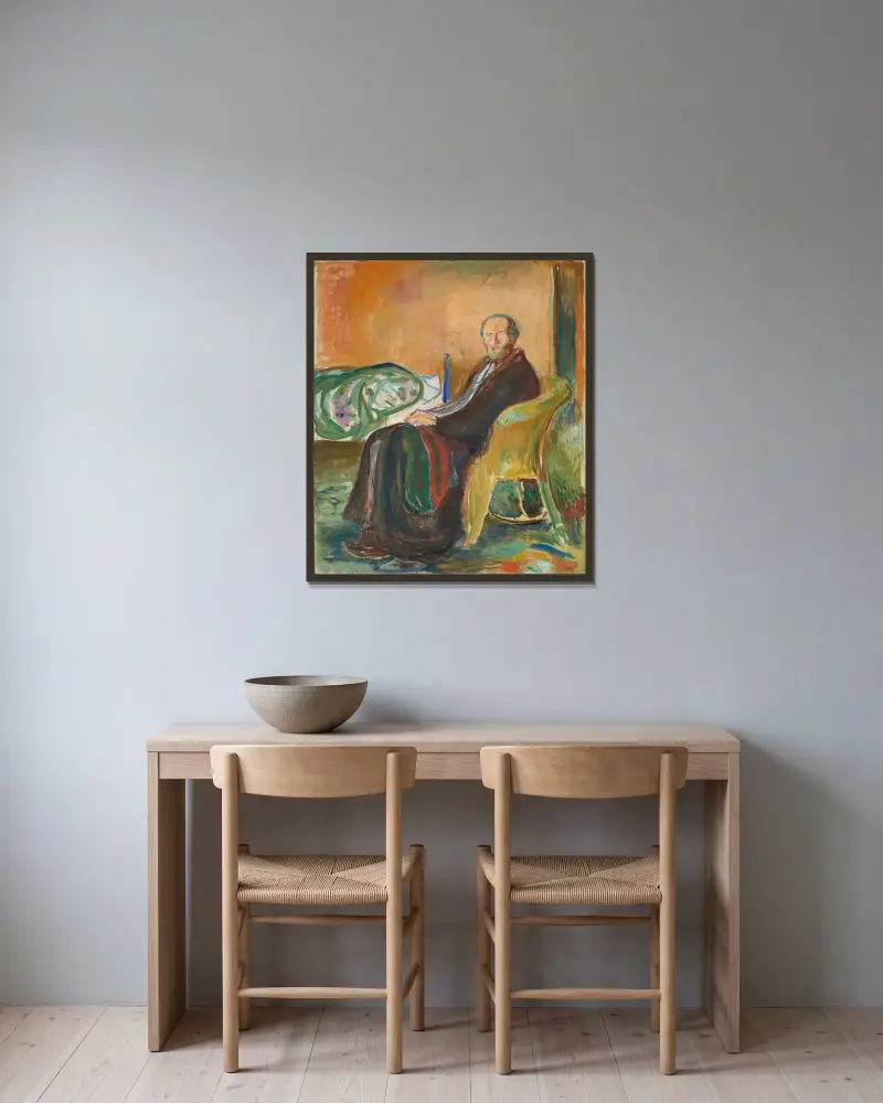 Selbstbildnis mit der Spanischen Grippe von Edvard Munch gerahmt an einer Wand