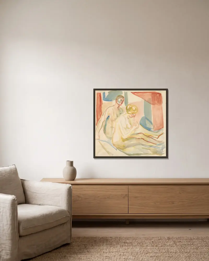 Sittende naken mann og kvinne av Edvard Munch inramad på en vägg