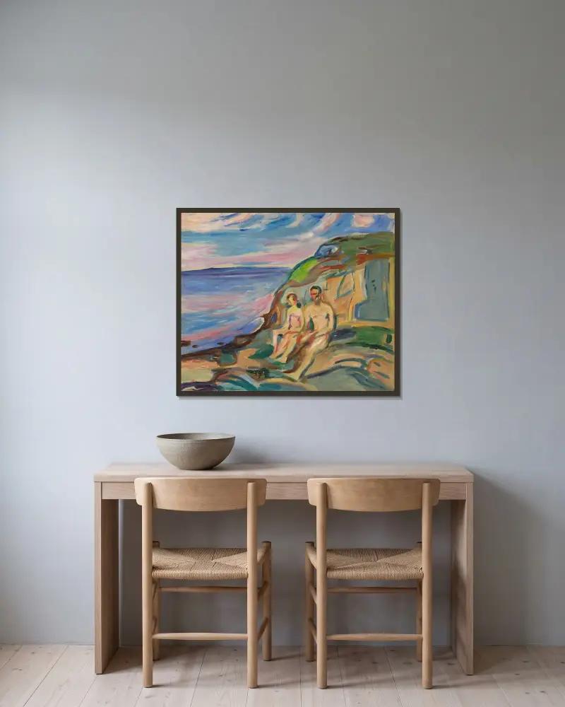Sunbathin av Edvard Munch inramad på en vägg