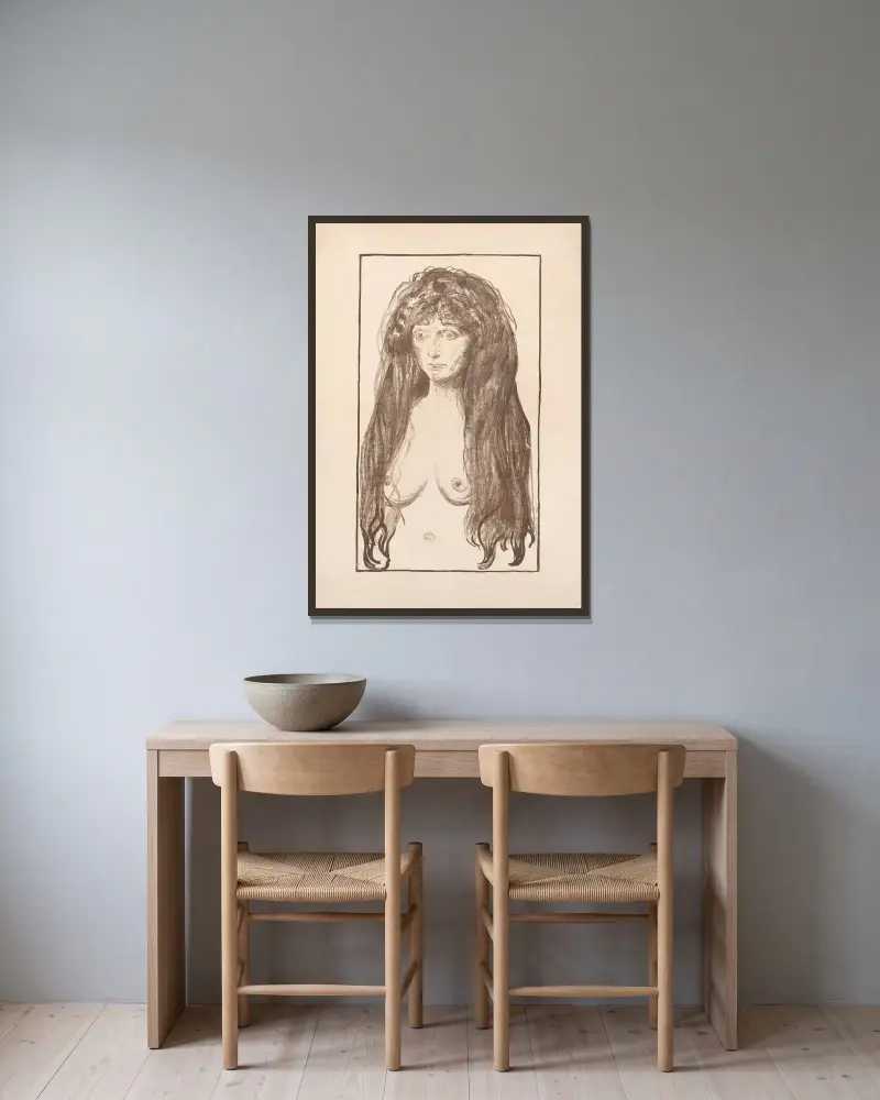 The Sin av Edvard Munch inramad på en vägg
