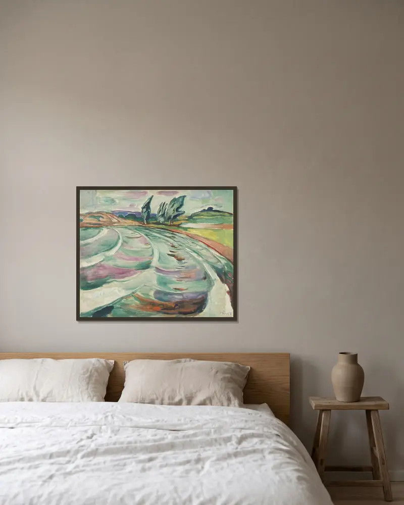 The Wave av Edvard Munch inramad på en vägg