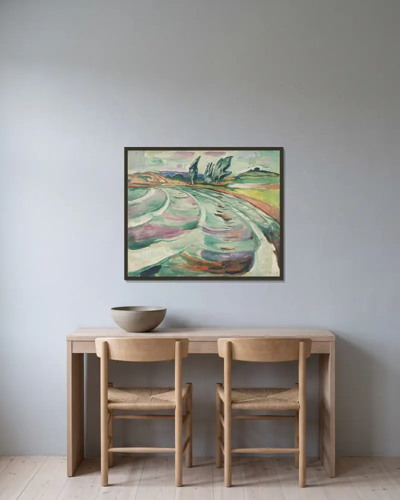The Wave av Edvard Munch inramad på en vägg