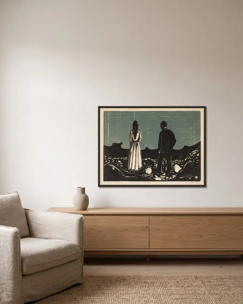 Zwei Menschen. Die Einsamen, 1899 – Nr. 2 von Edvard Munch gerahmt an einer Wand