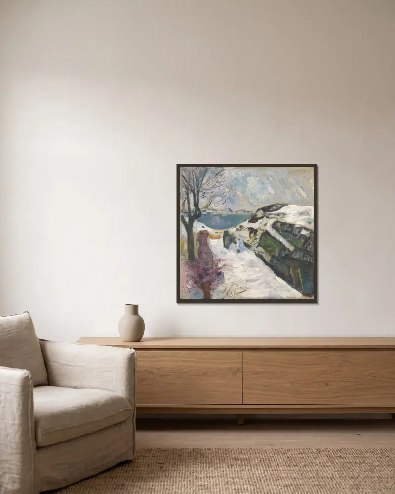Zimní krajina z Kragerø, Edvard Munch v rámu na stěně