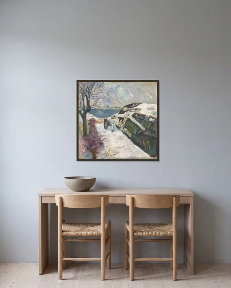 Zimní krajina z Kragerø, Edvard Munch v rámu na stěně