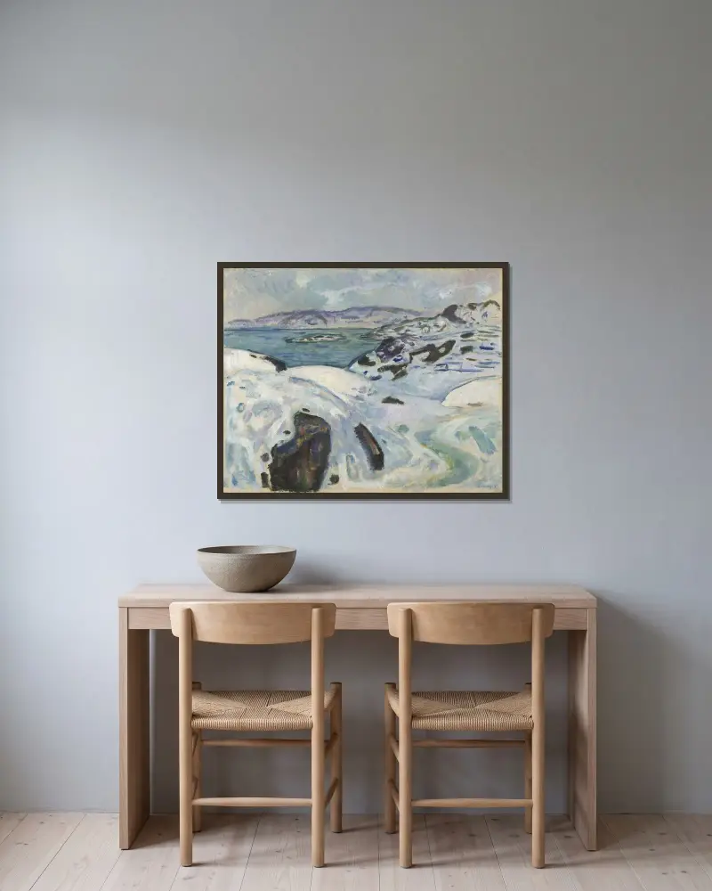 Winter on the Fiord av Edvard Munch inramad på en vägg