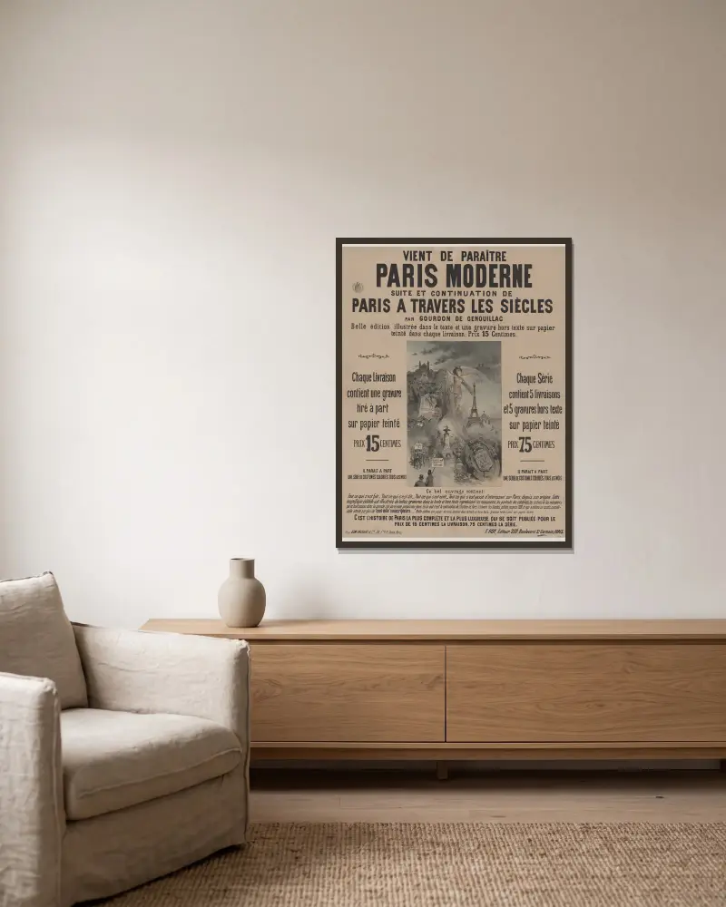 Vient de paraître: Paris moderne, suite et continuation de Paris à travers les siècles av Edward Ancourt inramad på en vägg