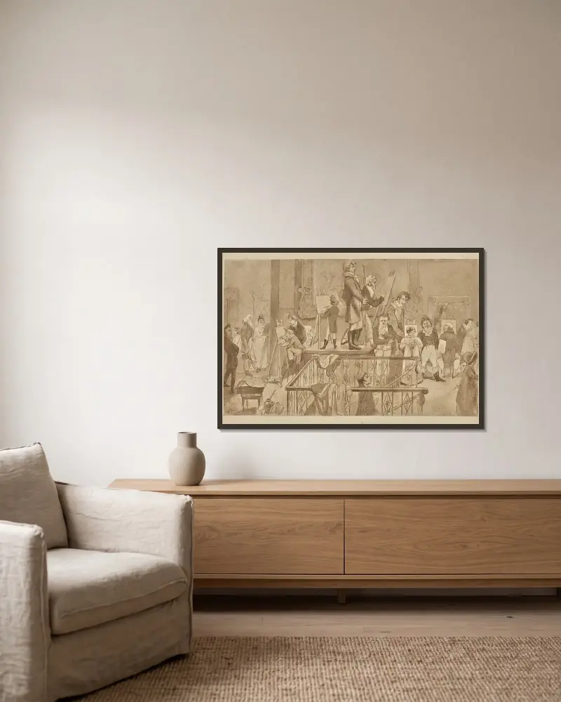 Künstler beim Malen in einer Gemäldeausstellung in der British Institution von Alfred Edward Chalon gerahmt an einer Wand