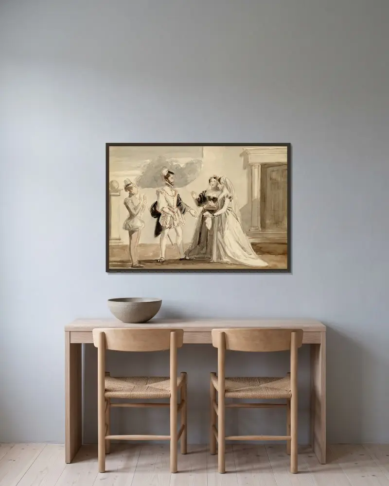 Romeo och Julia, akt III, scen 4 av Alfred Edward Chalon inramad på en vägg