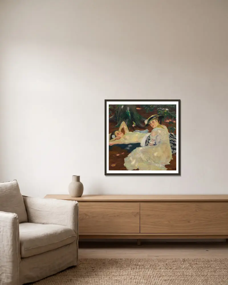 Horký den (Dvě dámy pod stromy), Edward Cucuel v rámu na stěně