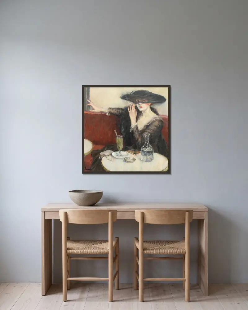 V kavárně, Edward Cucuel v rámu na stěně