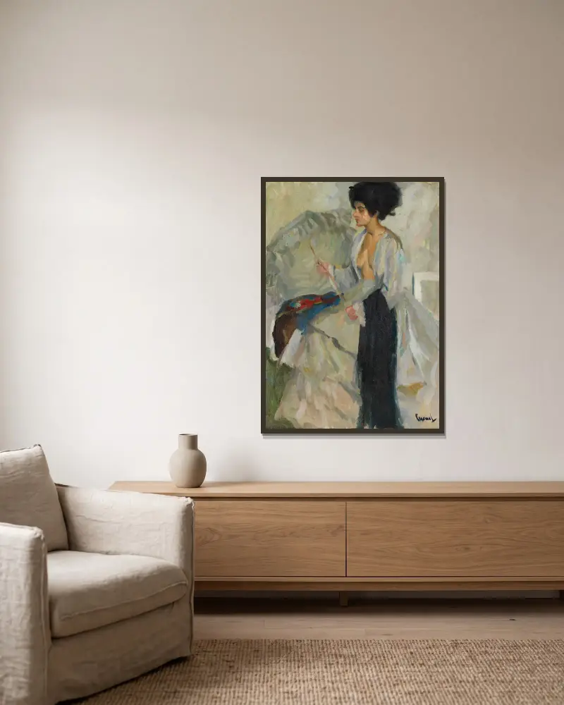Frau im Atelier von Edward Cucuel gerahmt an einer Wand