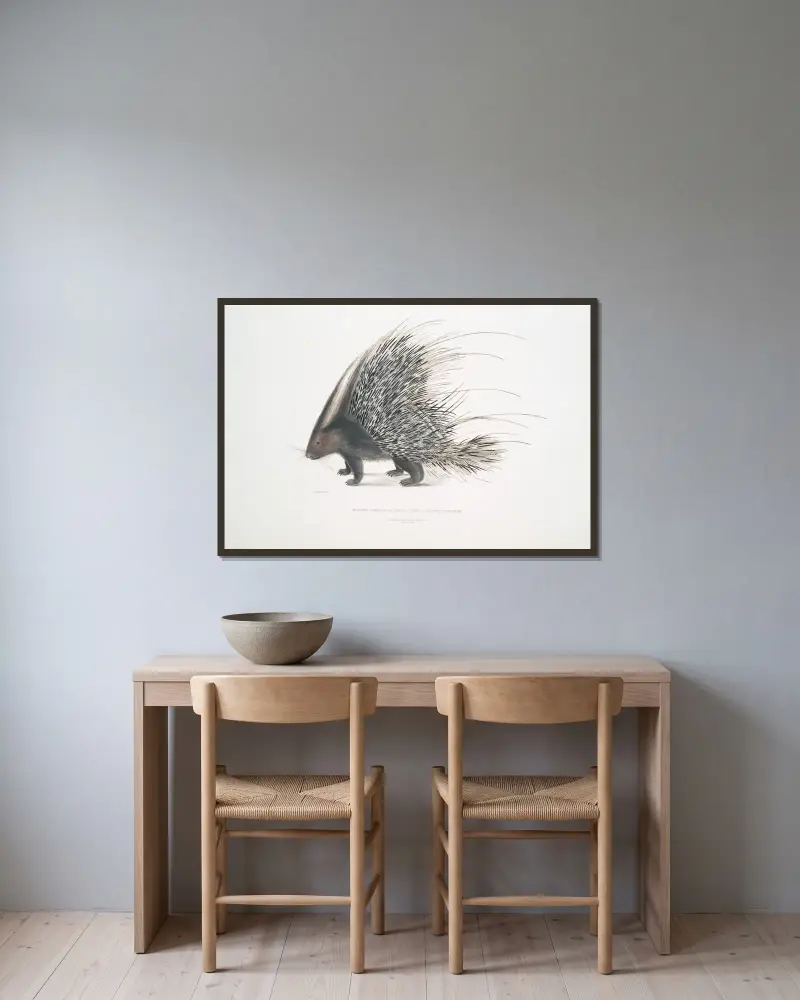 Indisches Stachelschwein, Histrix cristata. von John Edward Gray gerahmt an einer Wand