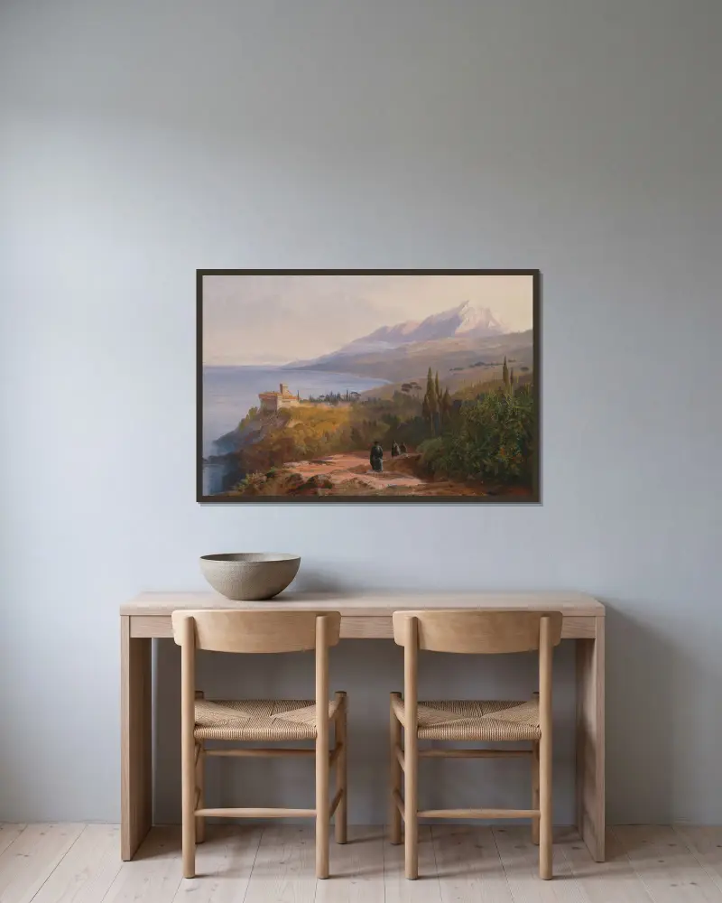 Athosberget och Stavronikétas kloster av Edward Lear inramad på en vägg