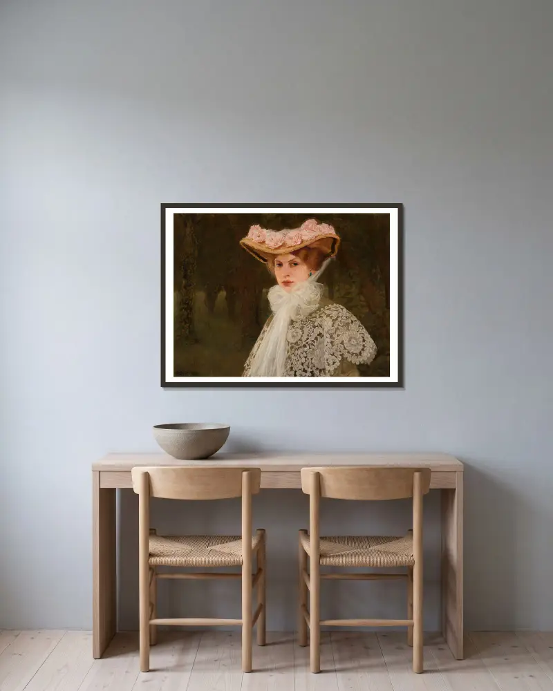 Porträtt av Zofia Okuń, född Tolkemit, konstnärens hustru av Edward Okuń inramad på en vägg