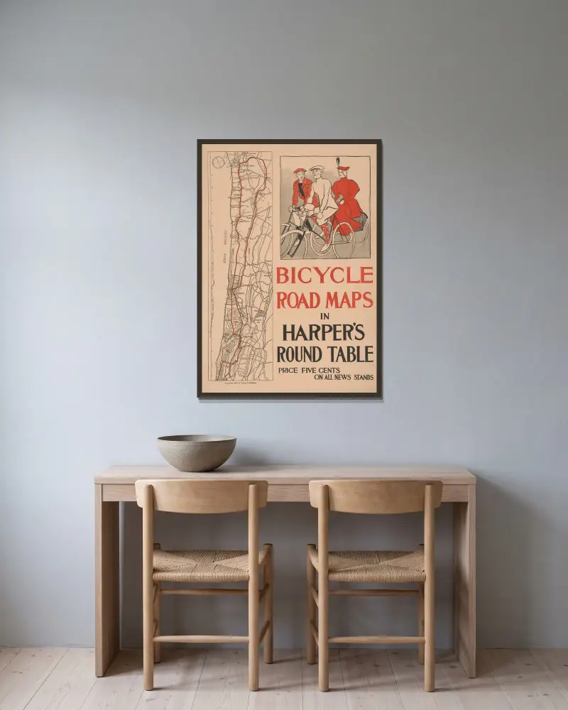 Cykelvägkartor i Harper's Round Table av Edward Penfield inramad på en vägg