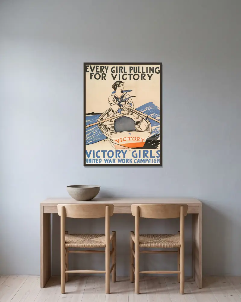 Every Girl Pulling for Victory, Victory Girls United War Work Campaign av Edward Penfield inramad på en vägg