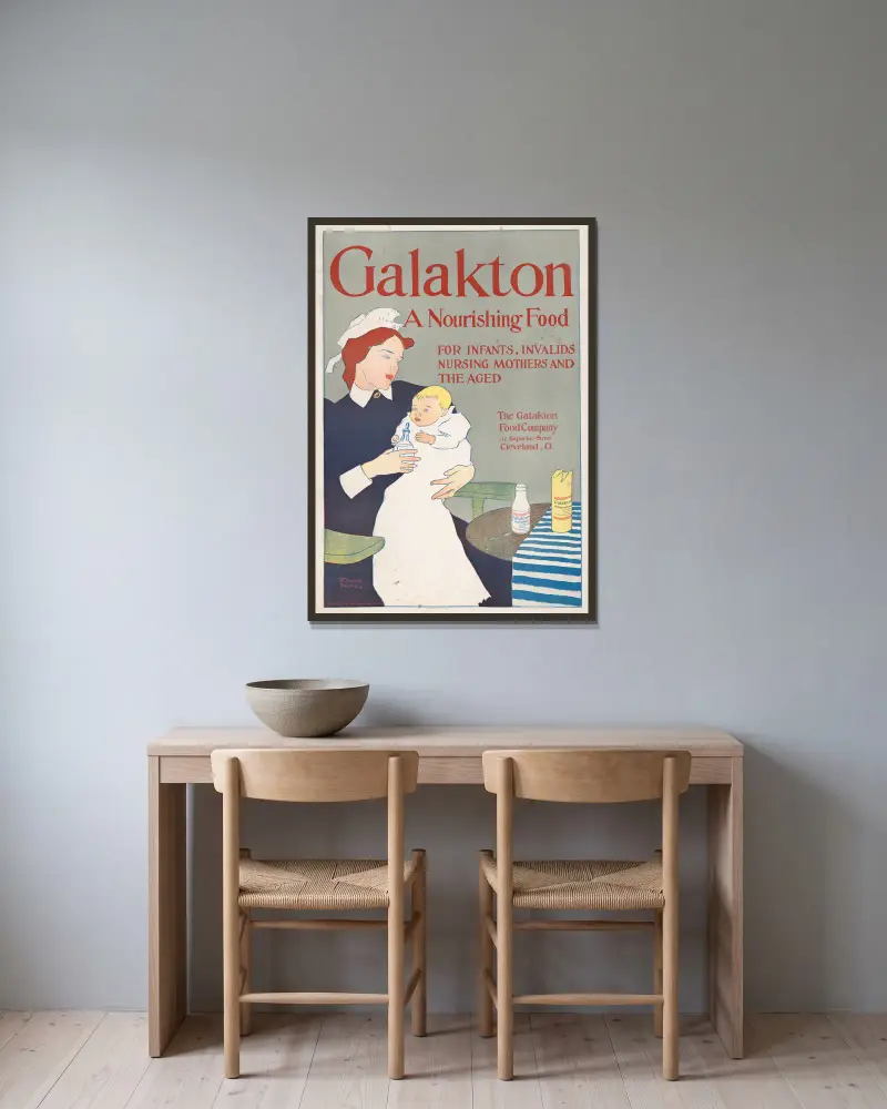 Galakton, en närande föda för spädbarn, sjuka, ammande mödrar och äldre av Edward Penfield inramad på en vägg