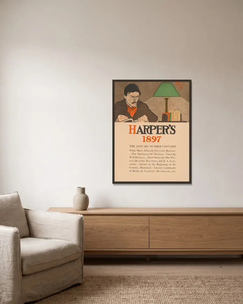 Harper's 1897. Januarinumret innehåller av Edward Penfield inramad på en vägg