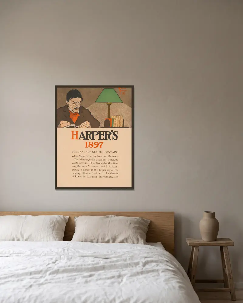 Harper's 1897. Januarinumret innehåller av Edward Penfield inramad på en vägg