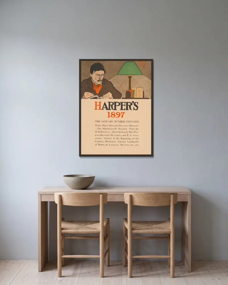 Harper's 1897. Januarinumret innehåller av Edward Penfield inramad på en vägg