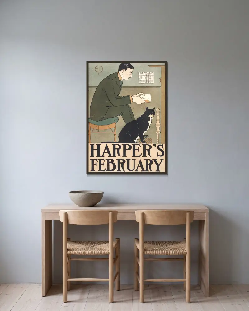 Harper’s February, 1898 av Edward Penfield inramad på en vägg