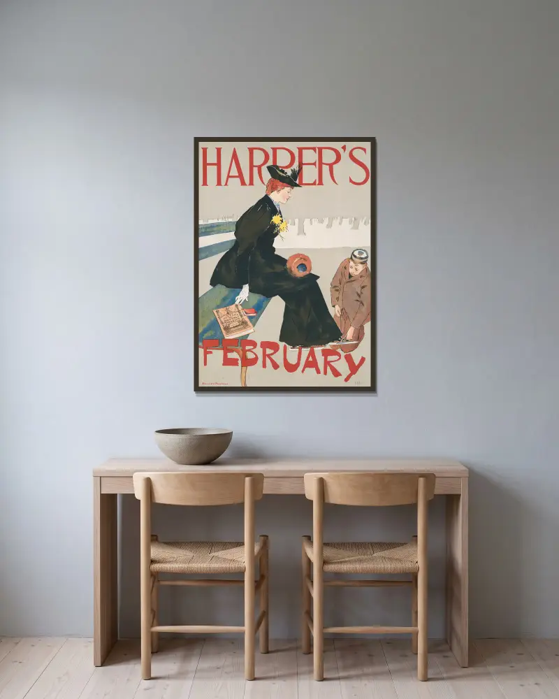 Harper’s February, 1894 av Edward Penfield inramad på en vägg