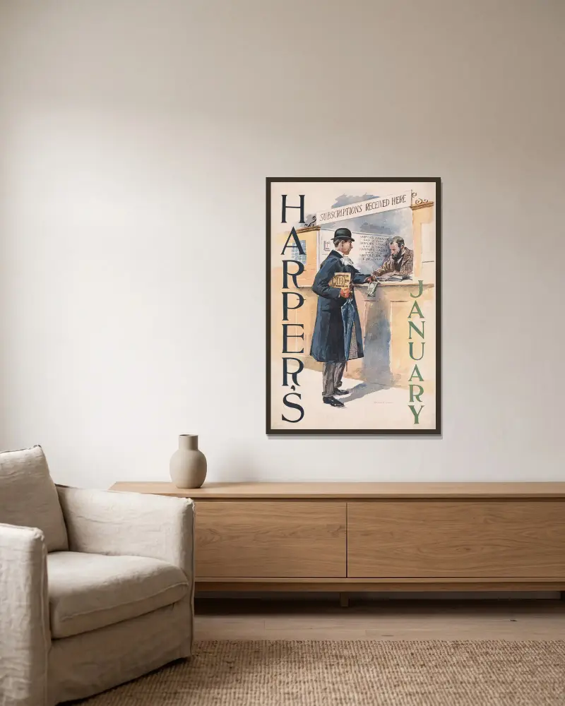 Harper’s January av Edward Penfield inramad på en vägg