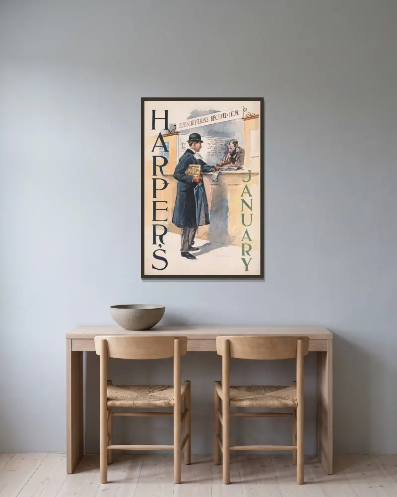 Harper’s January av Edward Penfield inramad på en vägg