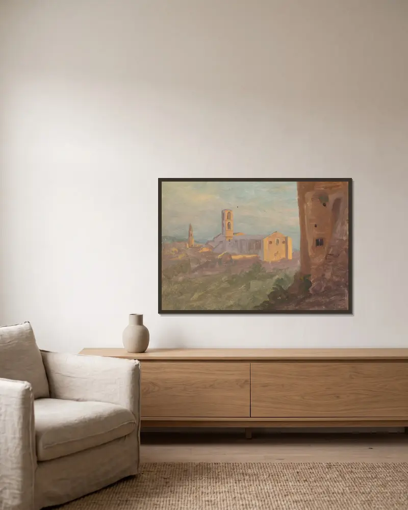 Italiensk eller schweizisk stad av Frederic Edwin Church inramad på en vägg